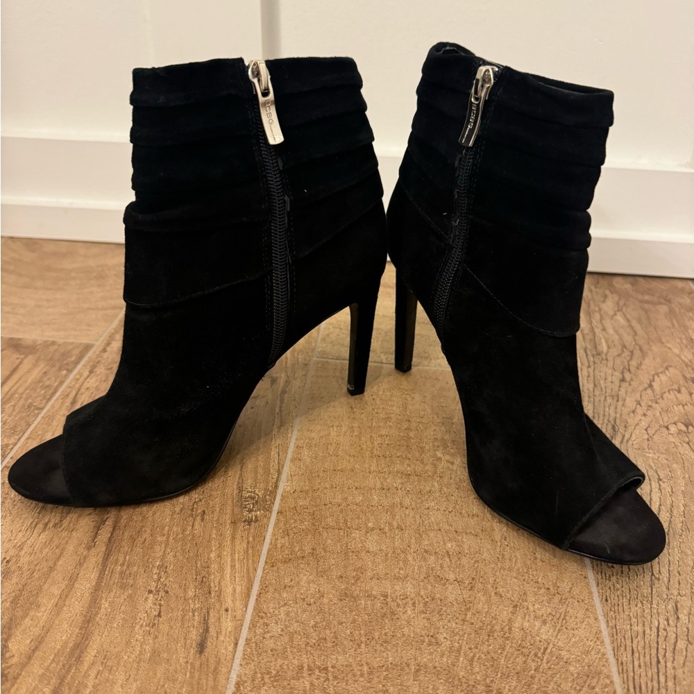 BCBGeneration black suede open toe bootie heel
